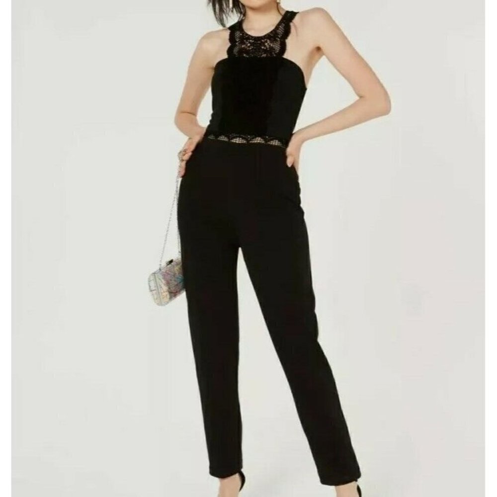 CITY STUDIO Sz 5 Juniors Black Halter Jumpsuit Lace Neckline Sleeveless NWOT